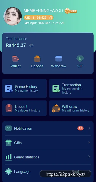 92PAK account dashboard showing wallet balance and VIP tier