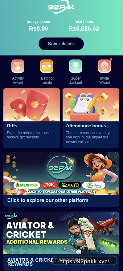92PAK bonus center banner naming Basant Club, 92Jeeto and Fantasy sibling platforms