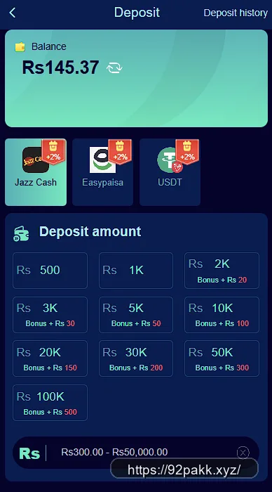 92PAK deposit screen showing JazzCash, Easypaisa, USDT and bonus tiers