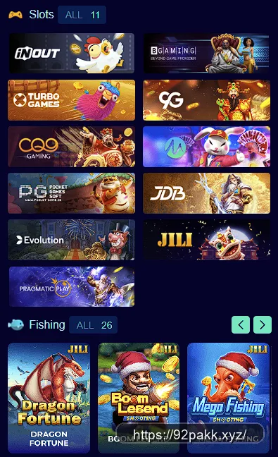 92PAK provider grid showing Pragmatic Play, Evolution, JILI and other studios
