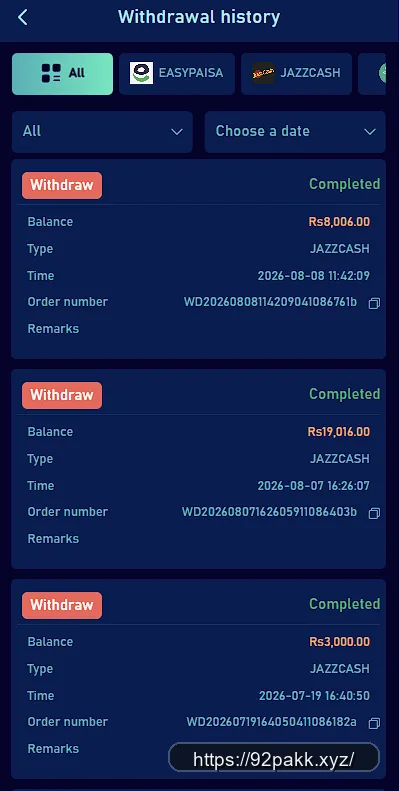 92PAK withdrawal history screen showing completed JazzCash withdrawals